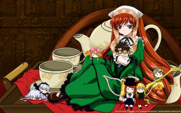 Anime picture 1680x1050 with rozen maiden suigintou shinku suiseiseki souseiseki hina ichigo kirakishou kanaria sakurada jun ningen (nattoli) yamauchi naoki long hair short hair blonde hair red eyes brown hair wide image sitting multiple girls green eyes