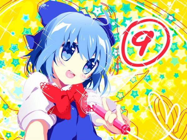 Anime picture 800x600 with touhou cirno namie-kun single looking at viewer blush short hair open mouth blue eyes smile blue hair sparkle loli symbol-shaped pupils yellow background heart of string girl bow hair bow wings