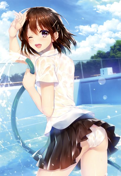 Anime picture 2265x3300 with original alpha (yukai na nakamatachi) single tall image blush fringe highres short hair open mouth light erotic brown hair standing holding brown eyes sky cloud (clouds) outdoors ass pleated skirt one eye closed