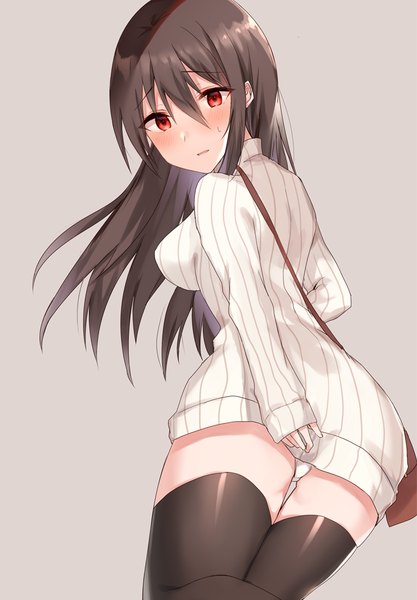 Anime picture 765x1100 with original kinona (kino10) single long hair tall image looking at viewer blush fringe breasts light erotic simple background hair between eyes red eyes brown hair bent knee (knees) long sleeves parted lips looking back from behind sweat