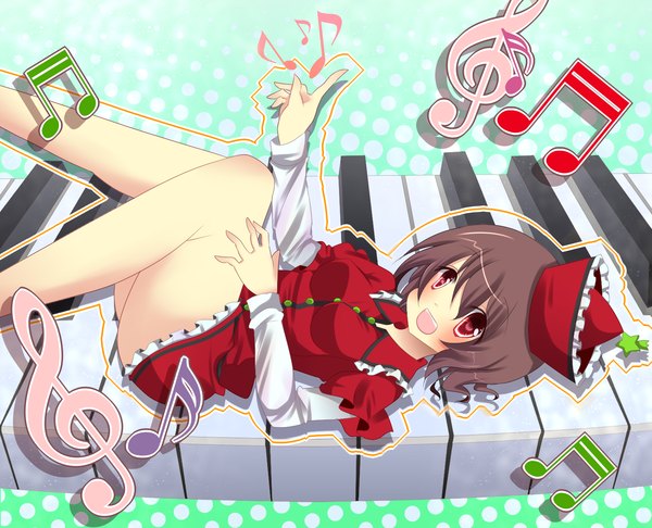 Anime picture 1550x1256 with touhou lyrica prismriver stigma1101 single blush short hair open mouth light erotic red eyes brown hair :d music treble clef girl hat musical instrument musical note