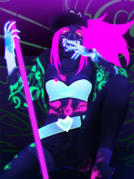 Anime picture 1500x2000 with league of legends k/da (league of legends) akali (league of legends) k/da akali soya (torga) single long hair tall image looking at viewer breasts holding yellow eyes payot pink hair cleavage ponytail open jacket midriff squat ultraviolet light