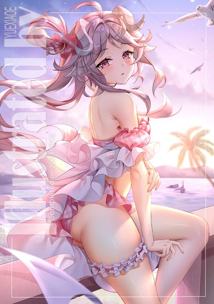 Anime-Bild 2200x3112 mit arknights eyjafjalla (arknights) eyjafjalla (summer flower) (arknights) yue xiao e single long hair tall image looking at viewer blush fringe highres breasts open mouth light erotic red eyes brown hair sitting bare shoulders signed animal ears
