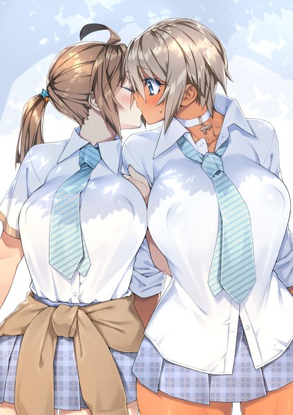 Anime picture 1446x2046 with original real xxiii's dark skinned girl real xxiii's ahoge girl 23 (real xxiii) tall image blush short hair breasts blue eyes light erotic brown hair large breasts multiple girls ponytail eyes closed pleated skirt grey hair sweat dark skin sweatdrop
