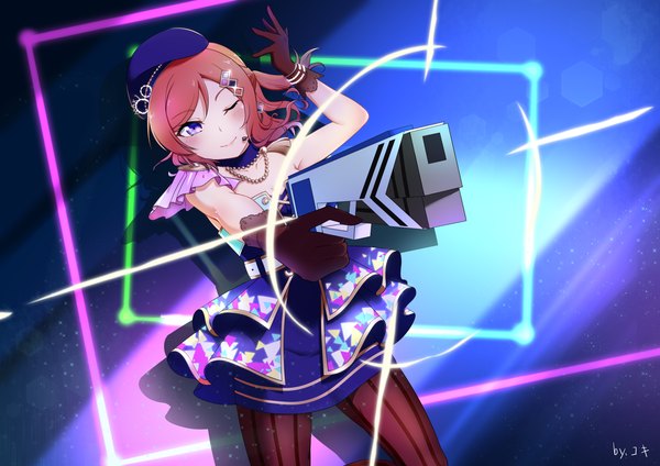 Anime picture 4093x2894 with love live! school idol project sunrise (studio) love live! nishikino maki yuki (rfi5607) single blush highres short hair simple background smile purple eyes absurdres red hair one eye closed wink off shoulder outstretched arm half updo girl