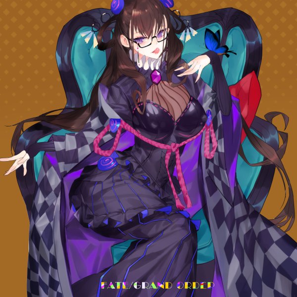 Anime picture 5000x5000 with fate (series) fate/grand order murasaki shikibu (fate) grandialee single looking at viewer fringe highres breasts light erotic hair between eyes brown hair large breasts sitting purple eyes absurdres very long hair two side up copyright name covered nipples