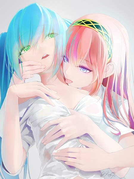 Anime picture 1920x2560 with vocaloid hatsune miku megurine luka okingjo long hair tall image highres open mouth blue eyes light erotic multiple girls green eyes pink hair aqua hair shoujo ai girl 2 girls shirt tongue headband