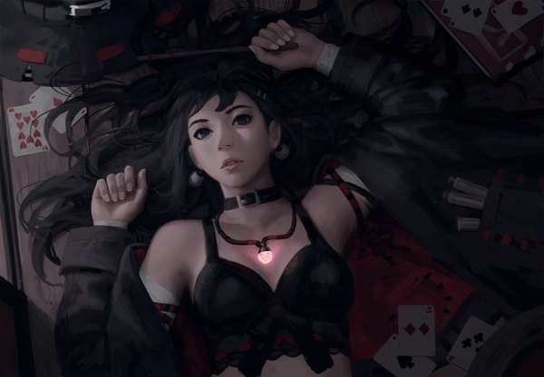 Anime picture 3000x2084 with original guweiz single long hair looking at viewer fringe highres breasts blue eyes light erotic black hair holding cleavage upper body indoors lying long sleeves parted lips fingernails from above