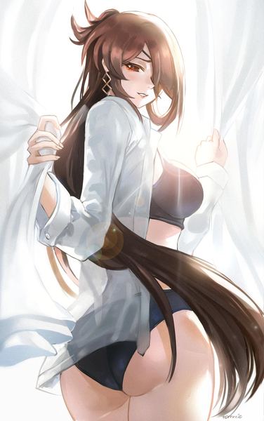 Anime picture 1200x1914 with genshin impact beidou (genshin impact) tommy (kingdukeee) single long hair tall image looking at viewer fringe breasts light erotic smile brown hair large breasts brown eyes ass parted lips from behind hair over one eye open shirt thighs