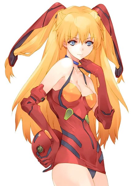 Anime picture 713x1000 with neon genesis evangelion gainax soryu asuka langley okazaki takeshi single long hair tall image fringe breasts blue eyes light erotic simple background hair between eyes white background twintails bare shoulders looking away cleavage light smile orange hair