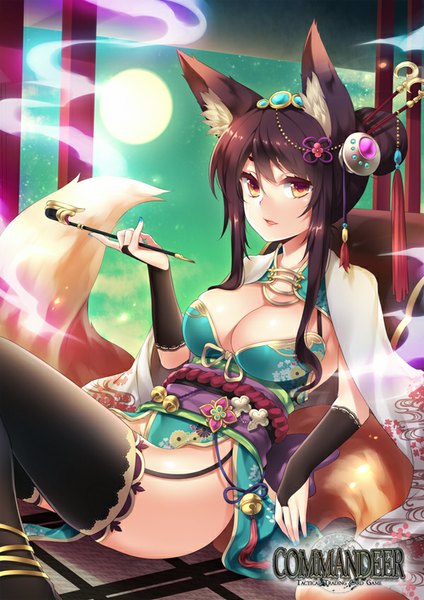 Anime picture 600x848 with commandeer (card game) fuya (tempupupu) single long hair tall image looking at viewer fringe breasts light erotic brown hair large breasts animal ears yellow eyes tail nail polish animal tail fingernails fox ears girl thighhighs