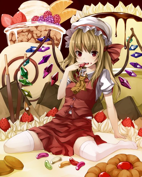 Anime picture 1400x1754 with touhou flandre scarlet unasaka ryou long hair tall image red eyes brown hair sitting girl thighhighs skirt hat white thighhighs wings sweets skirt set fruit cake