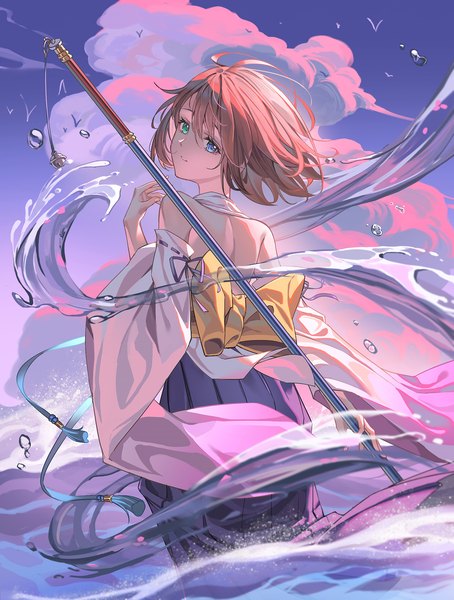 Anime picture 1500x1984 with final fantasy final fantasy x square enix yuna (ff10) al guang single tall image looking at viewer short hair brown hair sky cloud (clouds) looking back heterochromia girl detached sleeves water