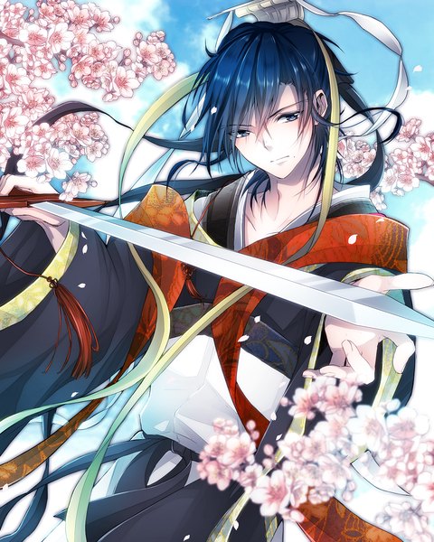 Anime picture 1000x1250 with magi the labyrinth of magic a-1 pictures ren hakuyuu mayupon1114 tall image fringe blue eyes holding blue hair looking away sky cloud (clouds) traditional clothes japanese clothes fingernails alternate costume cherry blossoms facial mark flower (flowers) weapon