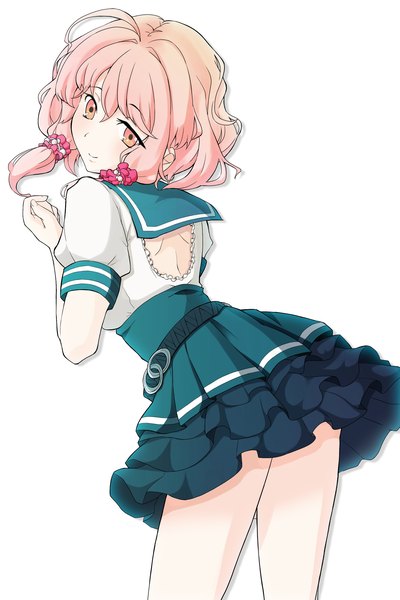 Anime picture 1924x2884 with original ramyo single tall image blush highres short hair simple background white background looking away pink hair ahoge pink eyes light smile legs arched back girl dress skirt miniskirt