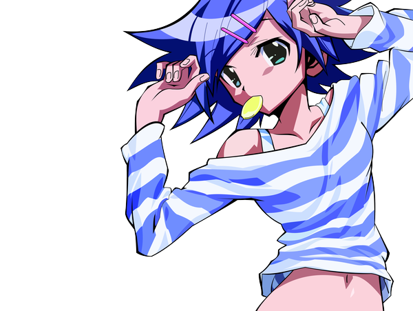Anime picture 4561x3432 with needless madhouse setsuna (needless) single highres short hair white background bare shoulders green eyes blue hair absurdres midriff mouth hold transparent background vector girl navel hair ornament hairclip