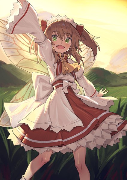 Anime picture 849x1200 with touhou sunny milk yamamomo (plank) single tall image looking at viewer blush fringe short hair open mouth hair between eyes brown hair green eyes sky outdoors :d arm up fang (fangs) two side up fantasy