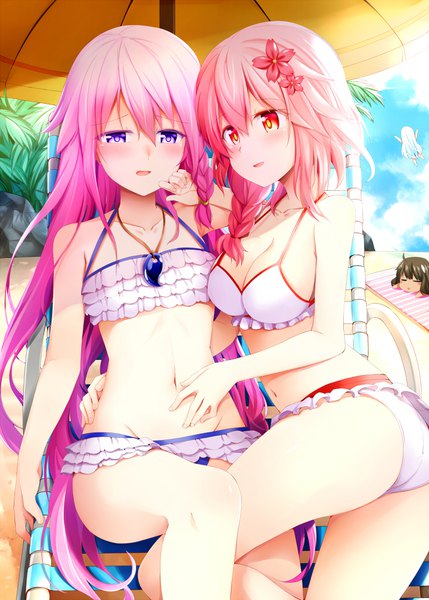 Anime picture 740x1035 with original sergestid shrimp in tungkang the personification of atmosphere xuan ying kuuki shoujo xiao wei jing ying rui shi (rayze ray) long hair tall image looking at viewer blush fringe breasts open mouth light erotic hair between eyes purple eyes bare shoulders multiple girls