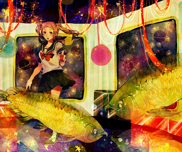Anime picture 1194x1000 with yuuichi (bobobo) long hair open mouth pink hair girl skirt uniform bow school uniform fish (fishes) planet