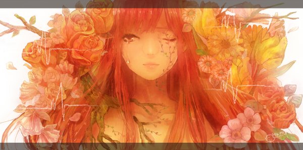Anime picture 1500x744 with original hato (hato sabure) single long hair blush wide image signed looking away red hair one eye closed hair flower lips wink tears crying sad girl hair ornament flower (flowers) petals