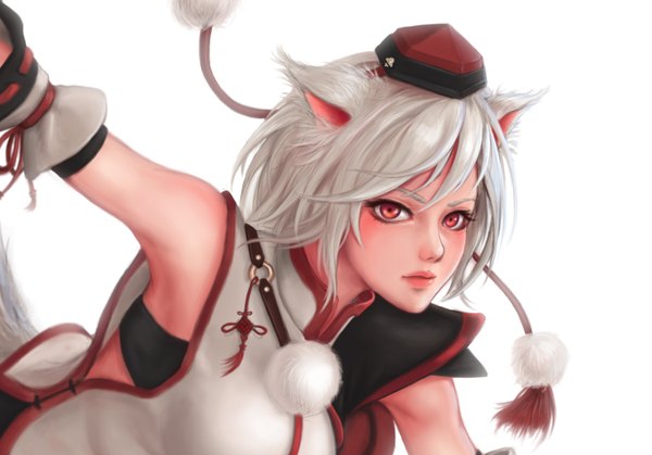 Anime picture 1453x1016 with touhou league of legends inubashiri momiji riven (league of legends) eliskalti single short hair simple background red eyes white background animal ears silver hair cosplay girl pom pom (clothes)