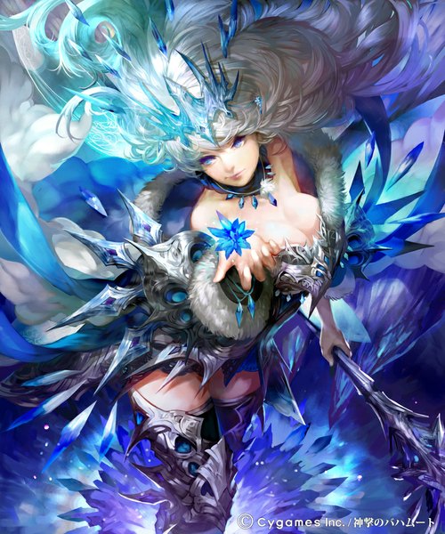 Anime picture 800x960 with youshun (naturaljuice) single long hair tall image fringe breasts blue eyes smile bare shoulders holding looking away multicolored hair from above lips magic gradient hair fantasy girl necklace staff