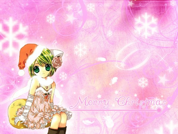 Anime picture 1024x768 with di gi charat madhouse dejiko animal ears cat girl christmas pink background girl santa claus hat santa claus costume