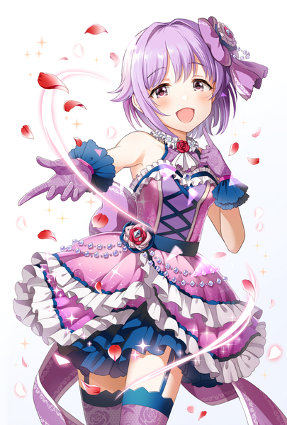 Anime picture 660x976 with idolmaster idolmaster cinderella girls idolmaster cinderella girls starlight stage koshimizu sachiko yatomi single tall image looking at viewer blush fringe short hair open mouth simple background smile white background purple eyes bare shoulders purple hair :d sparkle