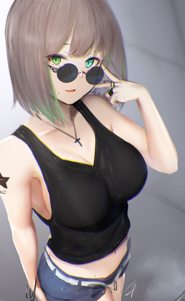 Anime picture 980x1596 with original hayabusa single tall image fringe short hair breasts open mouth blue eyes light erotic hair between eyes brown hair large breasts standing bare shoulders green eyes cleavage multicolored hair arm up from above