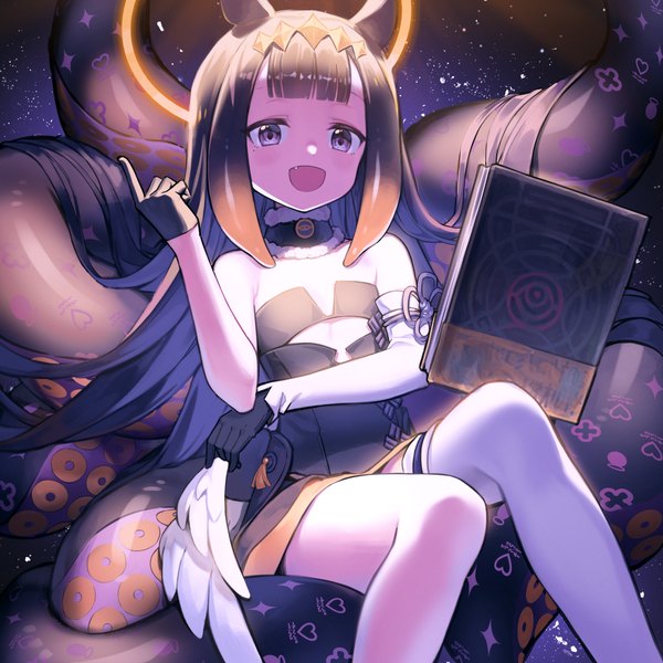 Anime picture 4000x4000 with virtual youtuber hololive hololive english ninomae ina'nis ninomae ina'nis (1st costume) ao-chan (ninomae ina'nis) lim jaejin single looking at viewer highres open mouth black hair sitting animal ears absurdres very long hair :d black eyes fang (fangs) flat chest