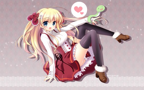 Anime picture 1920x1200 with original sasai saji single long hair looking at viewer blush highres open mouth blue eyes blonde hair girl thighhighs dress bow black thighhighs hair bow boots heart