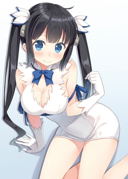 Anime picture 800x1119 with dungeon ni deai wo motomeru no wa machigatteiru darou ka j.c. staff hestia (danmachi) hyuuga azuri single long hair tall image looking at viewer blush breasts blue eyes light erotic black hair simple background smile large breasts white background sitting cleavage covered navel