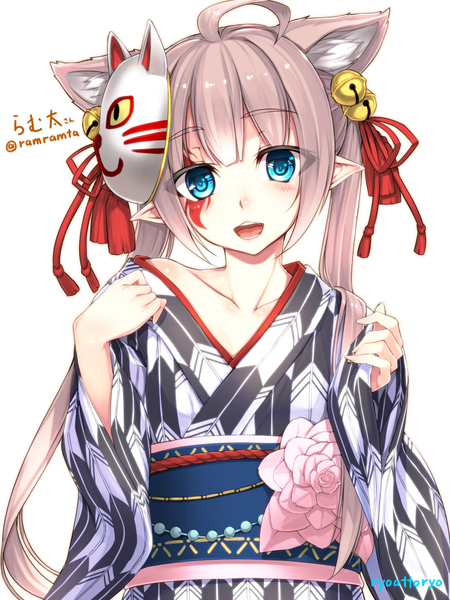 Anime picture 750x1000 with phantasy star phantasy star online 2 original sega yukata via ryou@ryou single long hair tall image looking at viewer blush fringe open mouth blue eyes simple background white background twintails signed animal ears upper body