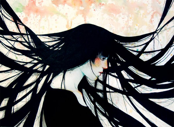 Anime picture 1024x747 with blaise-aetherius single long hair blush black hair simple background very long hair profile black eyes pale skin sad girl