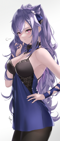 Anime picture 1500x3508 with genshin impact keqing (genshin impact) yabacha single long hair tall image looking at viewer blush fringe breasts light erotic simple background hair between eyes large breasts standing white background signed payot cleavage purple hair