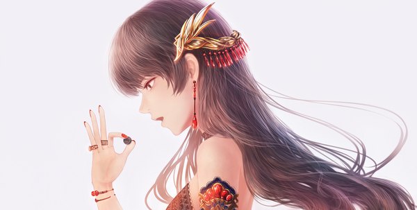 Anime picture 1877x950 with original bounin single long hair fringe highres open mouth simple background brown hair wide image bare shoulders holding brown eyes upper body nail polish grey background looking down red nail polish girl hair ornament