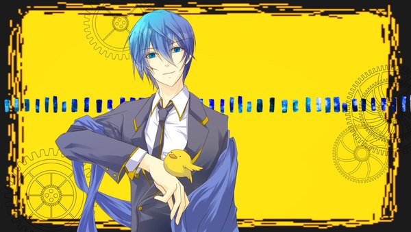 Anime picture 2400x1350 with vocaloid domino taoshi (vocaloid) kaito (vocaloid) nae (assassing) single looking at viewer fringe highres short hair blue eyes hair between eyes wide image blue hair upper body border outside border yellow background bird on hand boy animal