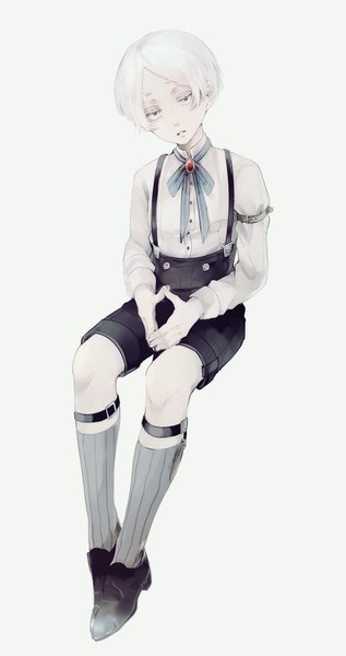 Anime picture 1077x2039 with original cattleya (zabeo) zabeo0125 single tall image looking at viewer short hair simple background sitting bent knee (knees) white hair long sleeves parted lips head tilt grey background fingers together white eyes boy ribbon (ribbons) shirt