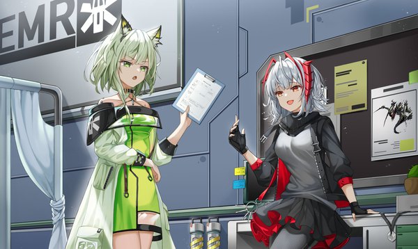Anime picture 4702x2802 with arknights w (arknights) kal'tsit (arknights) mon3tr (arknights) kd (kdh45689) fringe highres short hair breasts open mouth wide image standing multiple girls green eyes animal ears looking away absurdres silver hair ahoge :d