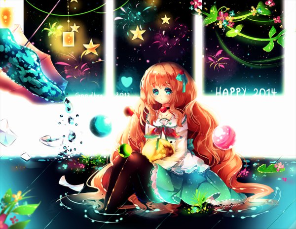 Anime picture 1300x1005 with original maruuki single very long hair aqua eyes orange hair girl dress flower (flowers) ribbon (ribbons) hair ribbon pantyhose water heart star (symbol)
