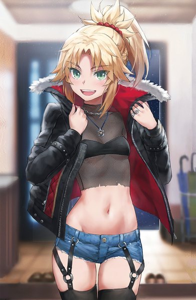Anime picture 978x1500 with fate (series) fate/apocrypha mordred (fate) tonee single tall image looking at viewer blush short hair open mouth light erotic blonde hair standing green eyes payot ponytail indoors :d blurry open jacket