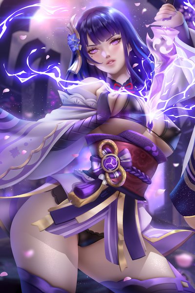 Anime picture 4800x7200 with genshin impact raiden shogun ayyasap single long hair tall image looking at viewer blush fringe highres breasts light erotic large breasts standing purple eyes holding signed absurdres purple hair blunt bangs