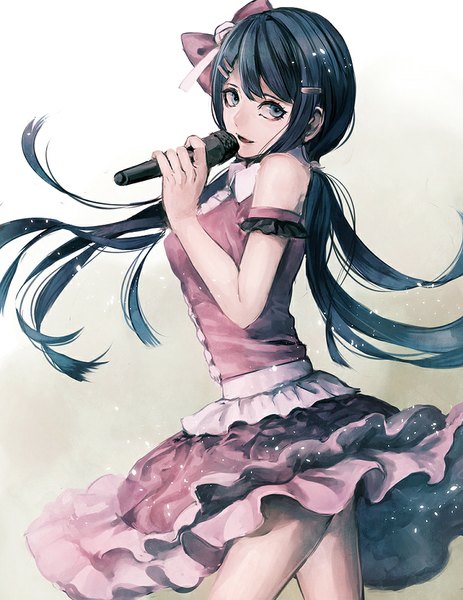 Anime picture 718x929 with dangan ronpa maizono sayaka sakuyu single long hair tall image fringe open mouth blue eyes standing twintails holding looking away head tilt looking back wind gradient background low twintails open collar girl