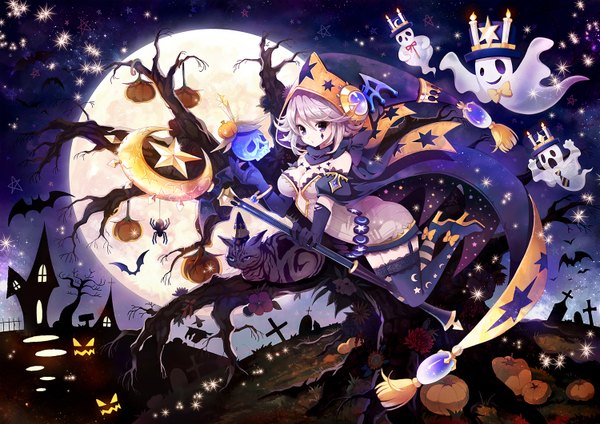 Anime picture 1500x1062 with original rednian single looking at viewer short hair purple eyes white hair night halloween star print girl thighhighs gloves black thighhighs animal black gloves star (symbol) moon star (stars) cape