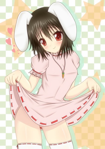 Anime picture 1753x2480 with touhou inaba tewi toranashi (artist) single tall image blush highres short hair light erotic black hair smile red eyes loli bunny ears skirt lift checkered girl star (symbol) vegetables carrot