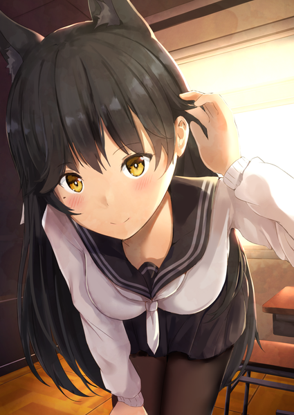 Anime picture 1254x1771 with azur lane atago (azur lane) atago (school daydream) (azur lane) ponyaru single long hair tall image looking at viewer blush fringe black hair smile hair between eyes standing animal ears yellow eyes indoors pleated skirt sunlight mole