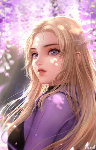 Anime picture 1667x2587 with original alqmia single long hair tall image looking at viewer blonde hair purple eyes signed parted lips lips blurry realistic twitter username girl flower (flowers) wisteria