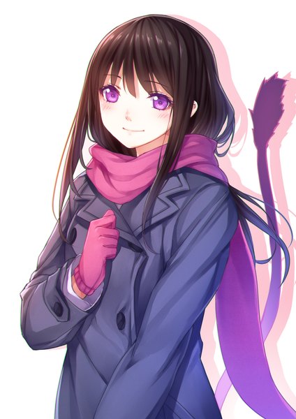 Anime picture 1240x1754 with noragami studio bones iki hiyori pen (steelleets) single long hair tall image looking at viewer blush black hair white background purple eyes tail girl gloves jacket scarf pink gloves