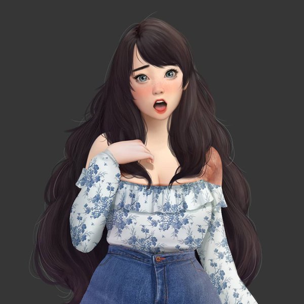 Anime picture 1080x1080 with original jubi (regiana) single long hair looking at viewer breasts black hair simple background bare shoulders cleavage parted lips grey eyes lipstick floral print dark background scar surprised denim girl blouse