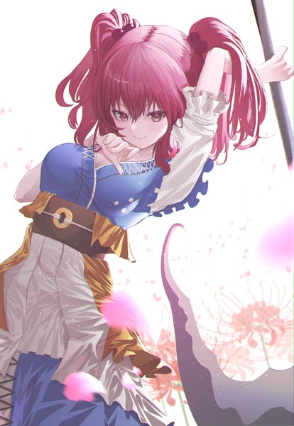 Anime picture 1142x1655 with touhou onozuka komachi tenpai single tall image looking at viewer fringe short hair smile hair between eyes pink hair pink eyes two side up girl flower (flowers) weapon petals hair bobbles scythe higanbana